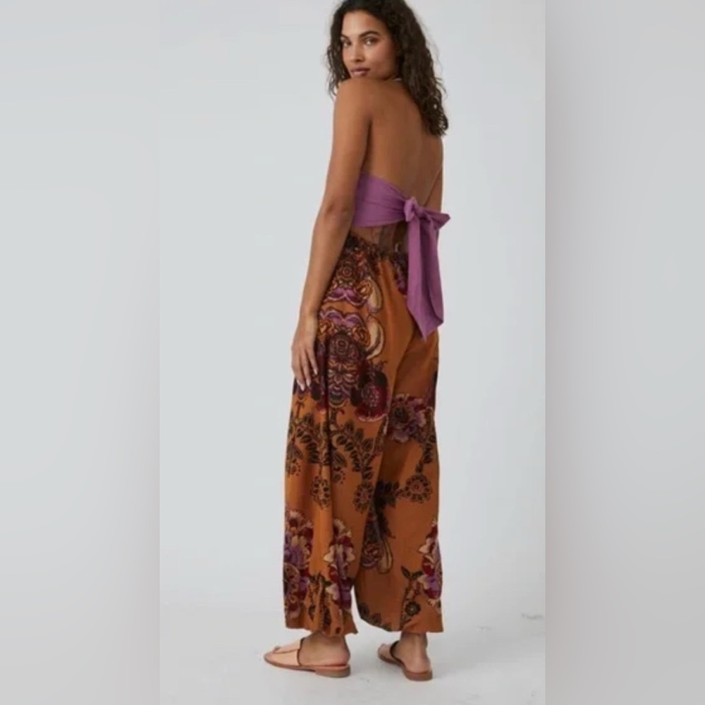 #624 Free People Indigo Sun Jumpsuit in Gold Combo size Large - Picture 3 of 9